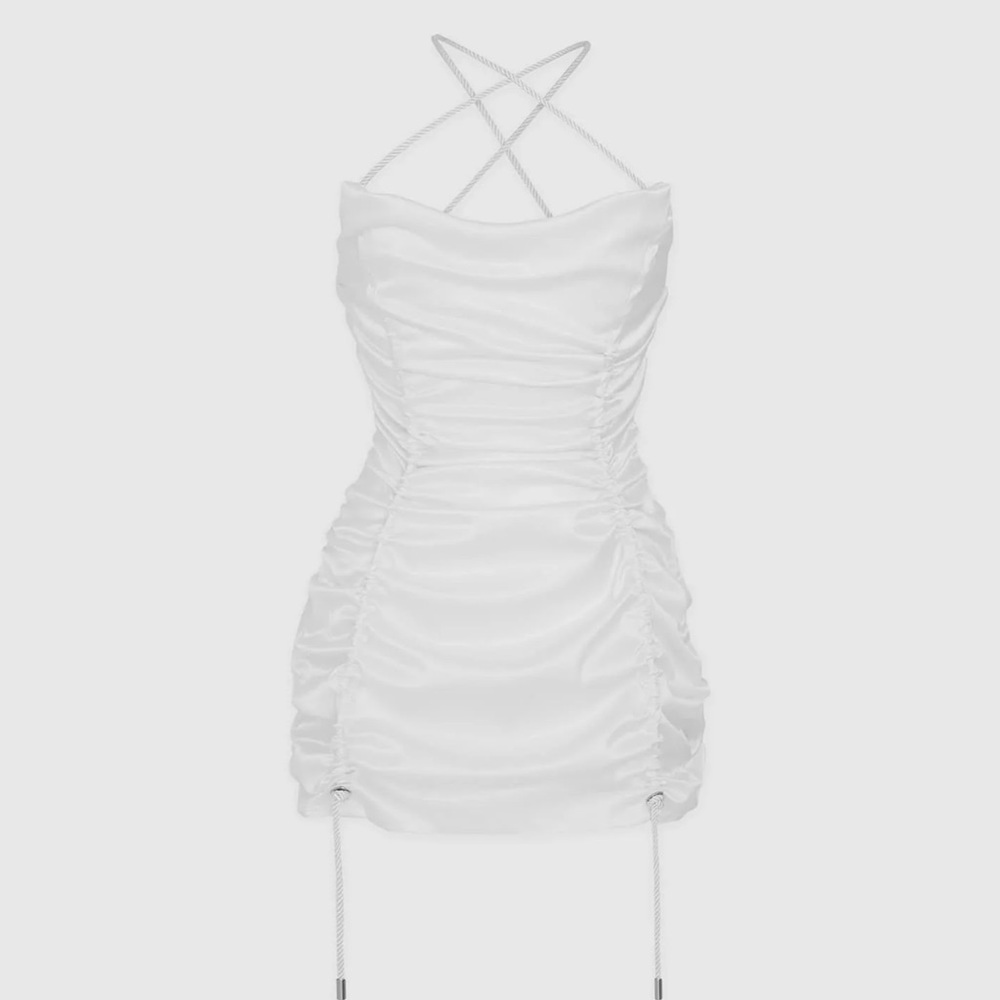 White Ruched Satin Mini Dress - Picture 4 of 5